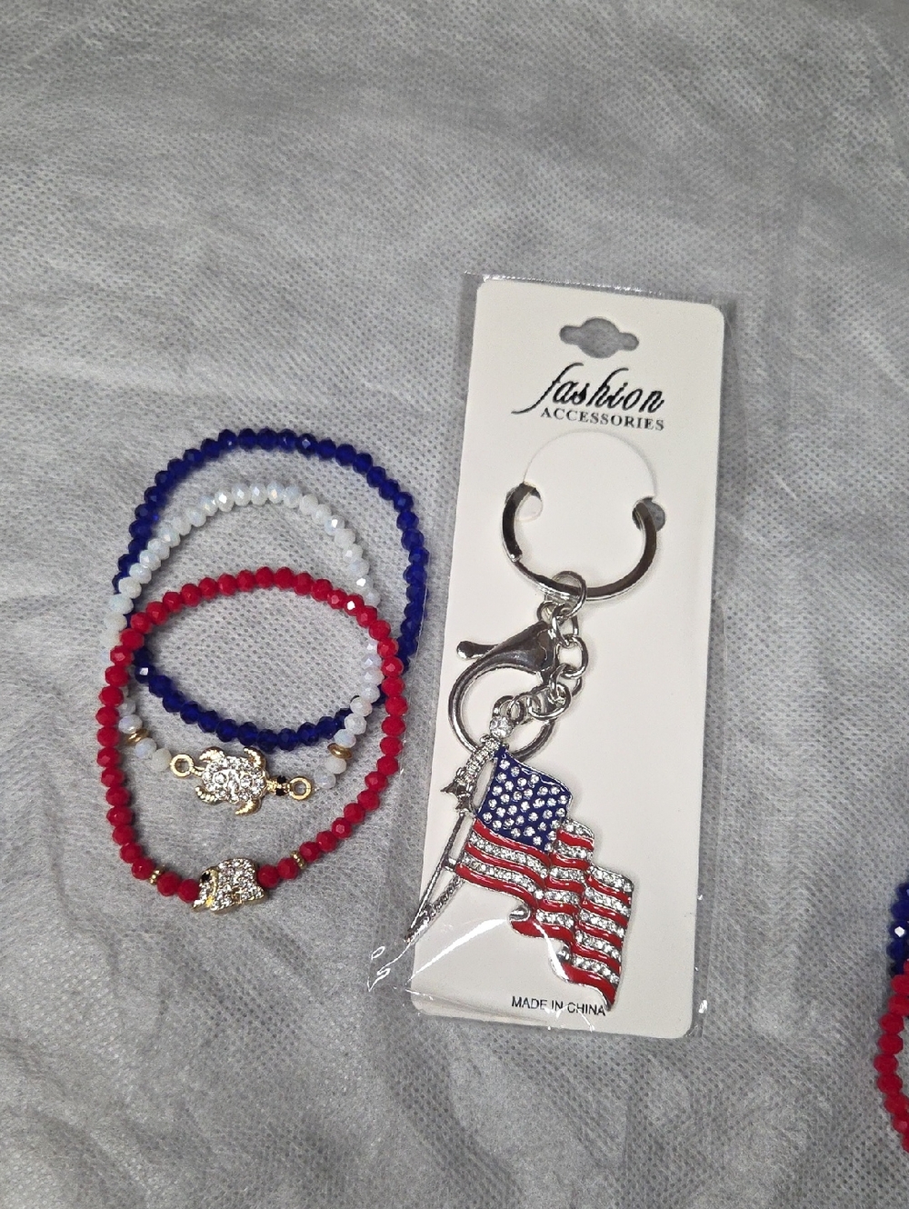Patriotic American Flag Keychain with Red, White & Blue Beaded Bracelets